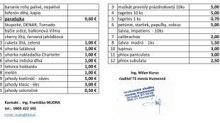 CENNÍK na predaj priesad a kvetov