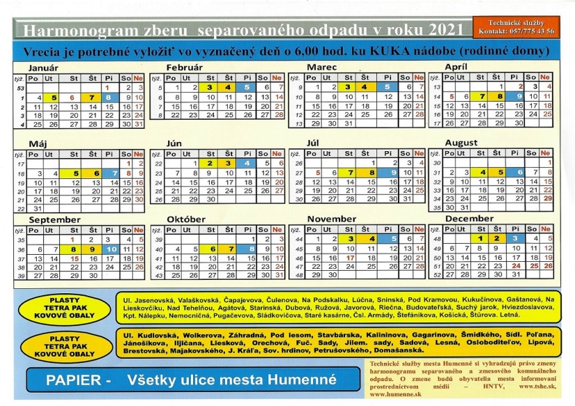 Kalendár vývozu odpadu v roku 2021